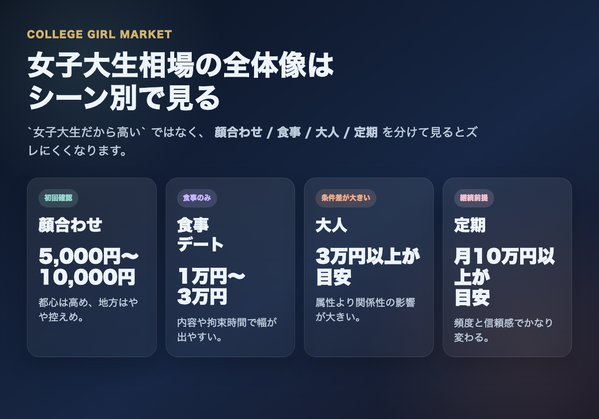 女子大生パパ活相場を顔合わせ、食事、大人、定期の4つに分けて整理した図